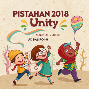 Event poster for Pistahan 2018 Unity featuring diverse, cartoon-style characters in vivid colors. Scheduled for March 31, 7-10pm at UC Ballroom. Vintage paper texture background.