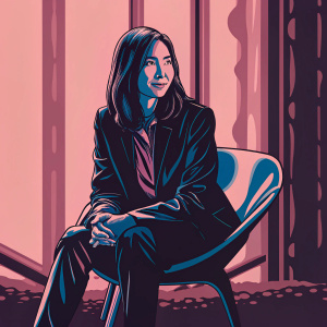 Shin Se-kyung, starring in a Korean drama, seated on a modern chair. Wearing a black blazer and dark slacks. Shoulder-length brown hair, friendly expression. Background is blurred, abstract art with vibrant colors