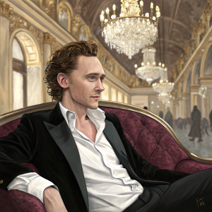 Tom Hiddleston in a candid moment, sitting casually on a velvet chair. White shirt with black blazer. At a grand gala, surrounded by ornate chandeliers and golden details.
