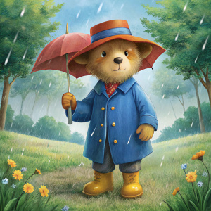 paddington bear with pants, socks, shoes, hat standing in rain with umbrella, stormy weather, grass, trees