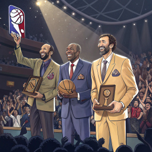 NBA Hall of Fame ceremony. Vlade Divac, Mateen Cleaves, Doug Christie standing together on stage. Crowd cheering.