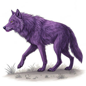 Purple werewolf, dynamic walking pose. Detailed, textured fur. White background.