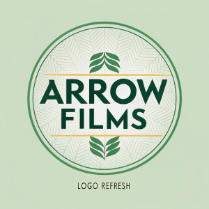 Arrow Films logo design. Bold font, modern aesthetic, soft green background, 'logo refresh' written below in smaller font.