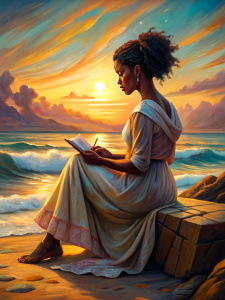 young black lady, sitting on the beach, late sunset, writing in her diary, wearing summer dress, medium-dark skin, ultra-high quality, detailed cinematic photography, 8k uhd, dslr, Sigma 200-500mm f/2.8 APO EX DG, (best quality:1.3), (masterpiece:1.1), high resolution, innocence, cinematic dreamy light, intricate details, (photorealistic)