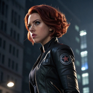 Scarlett Johansson, as Black Widow, fierce look. Red-hair styled in a bob cut. Wears black leather jacket with distinctive emblem. Standing against dark urban backdrop, spotlight on face.