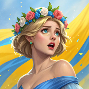 Digital portrait of Lunox, a character from Mobile Legends. Surprised expression with wide eyes. Blonde hair styled in a voluminous cut. Wears a floral headpiece and a blue gown. Set against a vibrant, colorful backdrop with yellow and blue hues.
