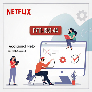 Step-by-step troubleshooting guide for Netflix error F7111-1931-404. Includes the Netflix logo, error description, website URL for additional help, and contact info for SS Tech Support services.