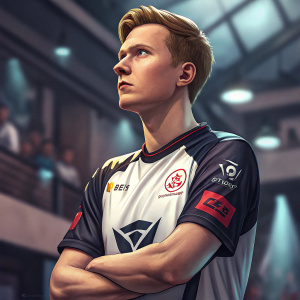 Broxah, a League of Legends pro, intense gaze, thoughtful stance. Dark and white jersey with sponsor logos. Indoor setting, blurred background, vibrant colors, close-up shot, high resolution, shallow depth of field.