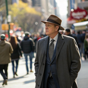 James Spader as Raymond Reddington walking through a bustling city street, wearing a gray suit, brown fedora hat, and tie. He has a serious expression. Crowds of people in the background.