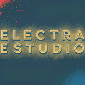 Modern digital art piece featuring the Electra Estudio logo. Dark background with splashes of vibrant red. The text 'ELECTRA ESTUDIO' stands out in sleek, angular font.
