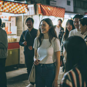 Gal Gadot at a bustling street fair. Casual attire, jeans and a t-shirt. Crowded scene with food vendors and families.