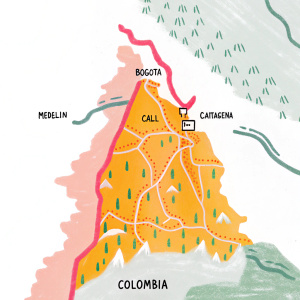 Detailed map highlighting major cities and regions in Colombia, featuring Bogotá as the capital.