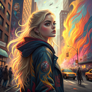 Ariel Winter, with long blonde hair and intense look, standing in a bustling city street scene. Behind her, a vivid mural with fiery colors of orange, yellow, blue, and pink.