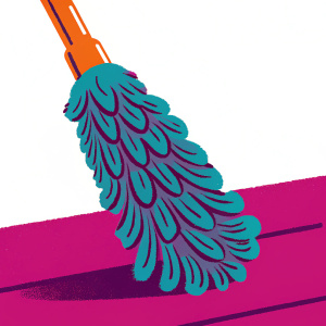 Illustration of a feather duster. Cartoon style, line art. Fluffy, wavy texture. Monochromatic design, black lines on white background. Cleaning tool, lightweight and flexible. Handle and synthetic fibers, flat illustration.