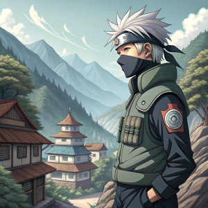 Digital painting of Kakashi Hatake, Naruto character. Detailed, colorful. Mountains and ninja village in the background.