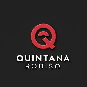 Quintana Robiso logo, vibrant red 'Q' on sleek black background, modern font, easily readable