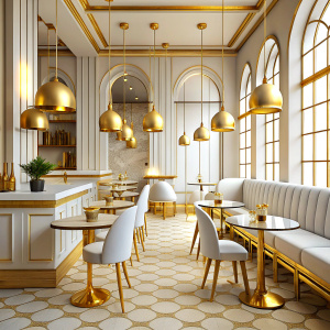 Fancy white and gold aesthetic modern Café interior 