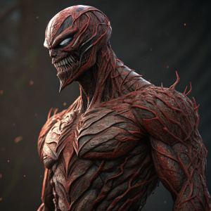 3D render of Carnage statue, detailed with rugged, organic texture, dark backdrop