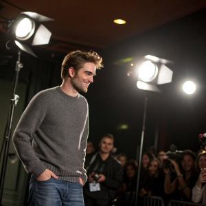 Robert Pattinson in a casual meet-and-greet. Wearing a grey sweater and jeans. Bright studio lights and blurred audience in the background.