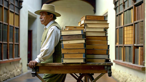 detail shot of ashot of a Personnel with books being transported, books conservation in a colombian village library. 
