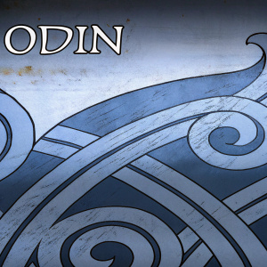 Stylized Odin graphic with dark and light grey swirling patterns. Bold 'ODIN' text in Norse-inspired font. Background is a grungy, textured surface.