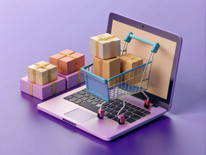 3D render of E-commerce. Shopping cart with cardboard boxes on laptop. 