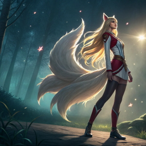 Ahri, the fox spirit from League of Legends, in a promotional poster. She stands confidently, her long blonde hair cascading down her back. The background is a stylized dark forest with glowing magical elements. Soft light highlights her figure, creating a dramatic shadow on the ground.
