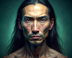 only 1 mongoloid male long face with white skin and dark brown eyes fully in frame (not cropped), high resolution, major human races on dark green background