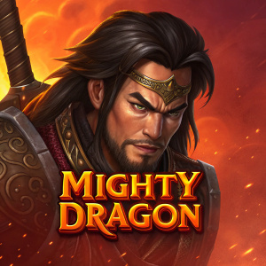 A fierce warrior from the game Mighty Dragon Online Slot Demo by Bally Wulff. Dark hair, intense gaze. Fiery orange-red background with text MIGHTY DRAGON in bold letters.