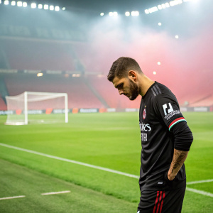 Theo Hernandez, soccer player, in a black jersey with sponsor logos, standing solemnly on a vibrant soccer field. Captured mid-pose, looking downcast.