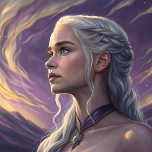 Daenerys Targaryen in close-up, her upper body highlighted against a surreal purple and gold landscape.