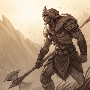 Concept art of Dinomancer Rexxar, a muscular figure in ancient armor and headgear. Dynamic pose, warm and blurred background. Artistic sketch style with brown tones.
