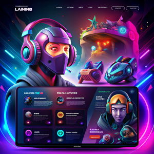 a unique and curious landing web page with footer for a gaming products shopping