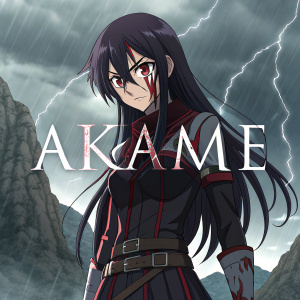 Digital illustration featuring a character from 'Akame ga Kill!' Long dark hair with blood-like streaks, determined expression, wearing a dark outfit with belt and weapon. Dramatic background of stormy sky and rocky mountains. 'AKAME' text overlay in the foreground.