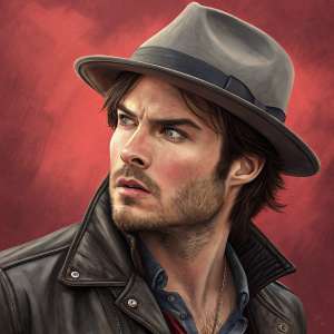 Ian Somerhalder, Caucasian male, intense gaze, styled hair, beard. Dark leather jacket, gray fedora. Dynamic pose, expressive hand gestures. Close-up, high-resolution. Vibrant red background.