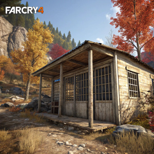 A 3D game scene from Far Cry 4 featuring a decrepit wooden shack with metal bars. The shack is set amidst an autumnal forest with rocky terrain. The structure, weathered and rustic, has a grid-patterned metal paneling. The scene opens with the Far Cry 4 logo.