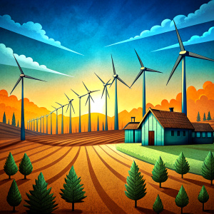 Cartoon style image of a wind energy fan farm