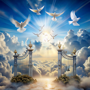 memorial background with small doves and heaven gates with clouds