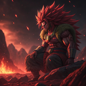 3D render of Broly from Dragon Ball Z, a fierce warrior with wild, red hair and a menacing look. Sitting amidst a glowing red, fiery landscape.