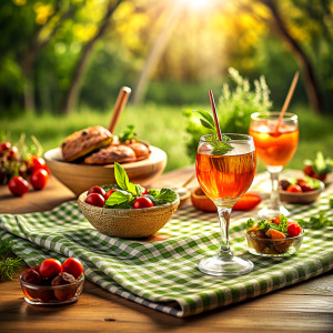 Realistic photo of beautiful very close cocktails and food for aperitif for a magazine, background picnic tablecloth with plants, size 4:16, best quality
 