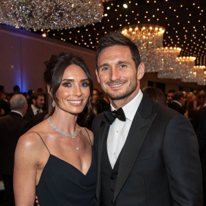 Christine Bleakley and Frank Lampard at the annual charity gala, dressed in formal attire, surrounded by glittering chandeliers and elegantly dressed guests.