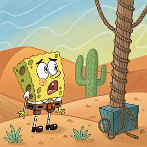 SpongeBob SquarePants, looking anxious, is in a desert scene. He's standing next to a mysterious rope structure and a cactus. The background features a colorful cartoon landscape.