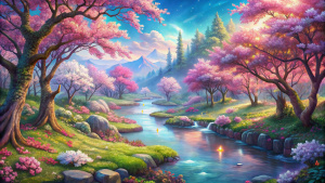 A realm of eternal spring, where cherry blossoms bloom year-round and rivers flow with liquid sunshine, reflecting the warmth of the sun.