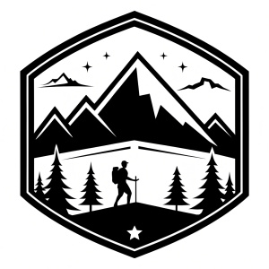 summer camp silhoutte logo, clean simple lines, black and white