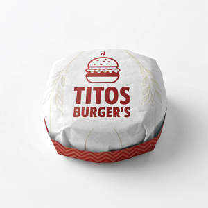 Titos Burger's sleek packaging design. Bold red logo against a clean white background. Innovative digital art style