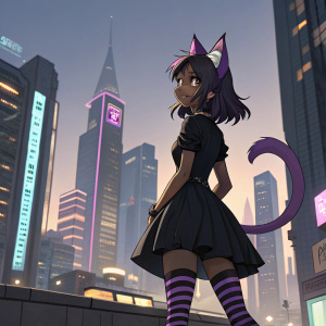 Dark-skinned anime girl with cat ears and a purple tail. Wearing a black dress and striped stockings. Posing in a futuristic cityscape.
