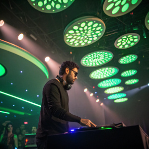 Saturday night at Cuba Libre. Space-themed party featuring DJ Yuvraj. Green circular lights, vibrant atmosphere