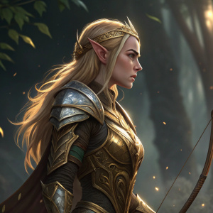 Detailed digital art of a female elf warrior from the game Kingdom Under Fire 2. She is depicted with fair skin, blonde hair, and slender frame. She is clad in intricate golden armor, holding a bow. The scene is set against a dark, mystical background with shadowy elements.