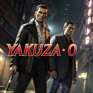 A promotional poster for Yakuza 0, featuring two tough yakuza characters in a gritty urban setting.