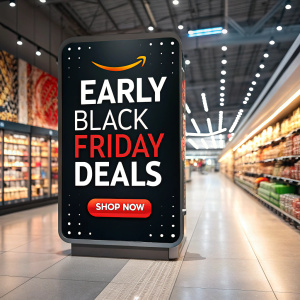 Digital advertisement featuring 'Early Black Friday Deals'. Prominent 'Shop Now' button. Amazon logo in bold red. Urgent call to action for exclusive member deals.